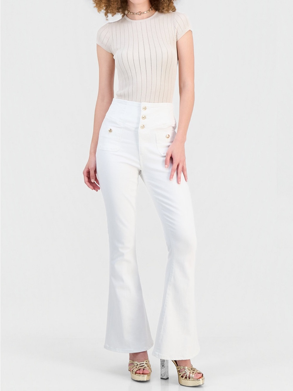 Guess White High-Rise Flare Jeans with Button Detail